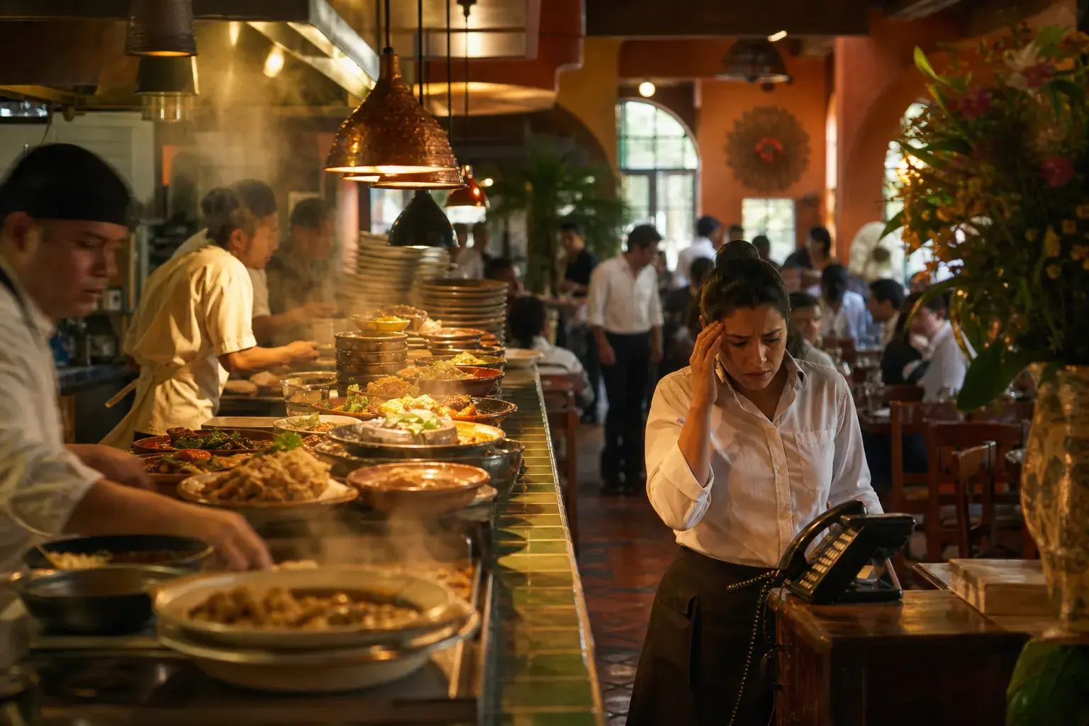 Restaurante en hora pico: la recepción no puede contestar el teléfono.